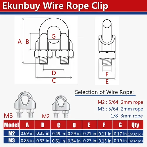 Vista 2 de Abrazadera de clip de cable de cuerda de alambre, acero inoxidable 304 M2 M3, conector flexible, perno en U, tensor de tendedero de 5/64 1/8 pulgadas