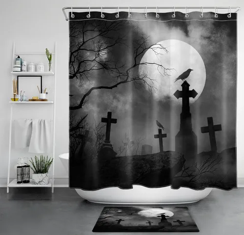 Vista 34 de LB Cortina de ducha de feliz Halloween para baño, flamenco rosa y calabaza naranja con sombrero mágico, cortina de ducha de tela con ganchos, juego