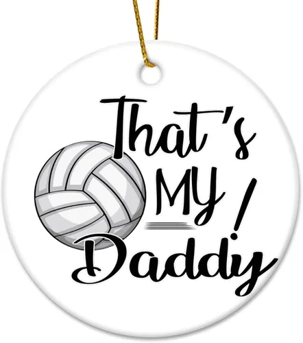 Vista 2 de Bola temática de rugby voleibol miembro de la familia That's My Daddy - Adorno de cerámica de Navidad de 3 pulgadas, recuerdo redondo de porcelana