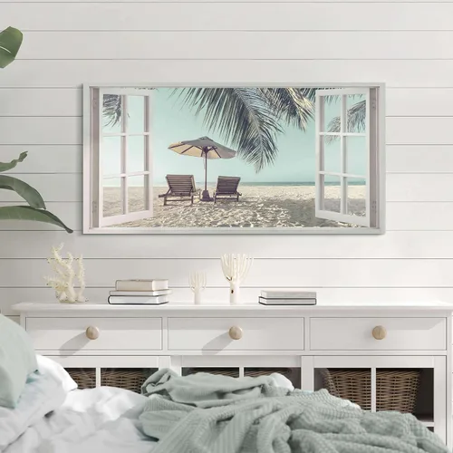 Vista 3 de Lienzo de playa para pared, dormitorio: gran sala de estar, vista de ventana, paisaje costero tropical, impresión de imagen, relajante, hogar