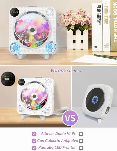Vista 2 de DESOBRY Reproductor de CD de pared Bluetooth con altavoces Control remoto