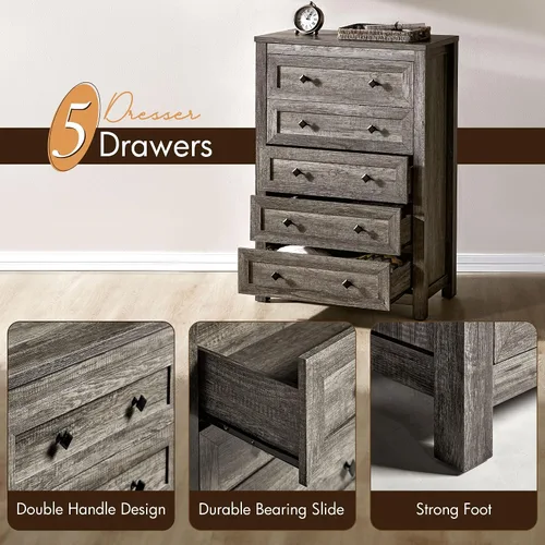 Vista 4 de VanAcc - Cómoda de granja de 5 cajones, cómoda para dormitorio, color gris Cómoda de madera natural de 47 pulgadas de alto, amplio almacenamiento