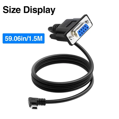 Vista 6 de Adaptador mini USB a serie RS232, giro a la derecha, mini USB de 5 pines macho a DB9 pin hembra, cable convertidor para varios dispositivos serie