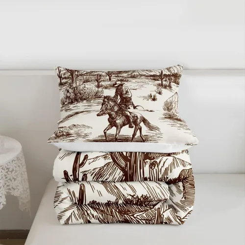 Vista 7 de Juego de edredón de vaquero individual, ropa de cama occidental para niños y hombres, ilustración dibujada a mano de caballo americano salvaje