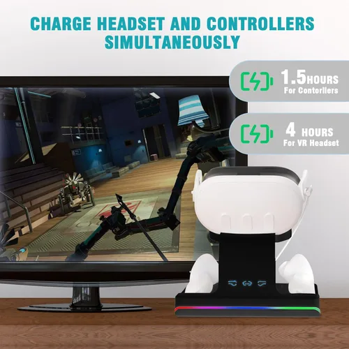 Vista 2 de Charging Dock for Meta Quest 3, Magnetic Charging Stand for Oculus Quest 3 VR Headset & Controllers, with 2 Rechargeable 1800mAh Batteries, USB-C