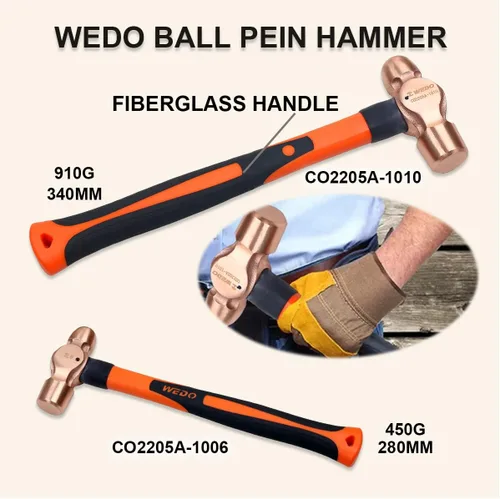 Vista 4 de WEDO Juego de martillos de cobre de 3 piezas con mango de fibra de vidrio, martillo de bola de 1 libra, martillo de bola de 2 libras, martillo