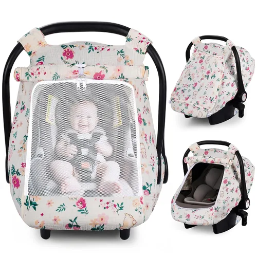 Vista 13 de Rquite Funda de asiento de automóvil para bebé, niña, niño, 100% muselina de algodón, toldo transpirable a prueba de viento con ventana de malla