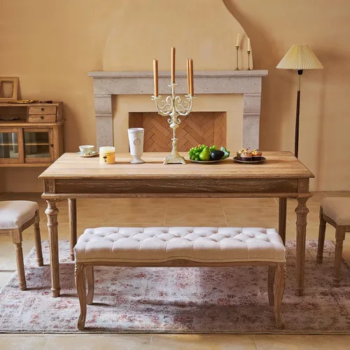Vista 2 de VONLUCE Banco de comedor vintage con asiento acolchado y patas de madera de goma, banco tapizado de entrada de 44 pulgadas con espuma viscoelástica