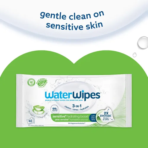 Vista 8 de WaterWipes Toallitas Sensibles+ Impulso Hidratante, 3-En-1 Limpia, Cuida, Hidrata, 99% de Agua con Aloe Vera, Toallitas para Bebé Sin Perfume