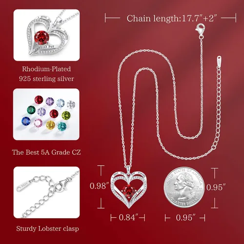 Vista 6 de LOUISA SECRET Heart Birthstone Necklaces for Women, 925 Sterling Silver Women Pendant Necklace, Birthday Anniversary Valentine's Day Jewelry Gift