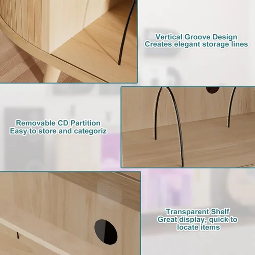 Vista 8 de Soporte para tocadiscos con almacenamiento de vinilo, gabinete multimedia moderno con estación de carga y luces LED, soporte para puerta corrediza