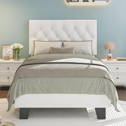 Vista 12 de iPormis Marco de cama tapizada de tamaño completo con cabecera capitoné con botones, plataforma de lino con patas de soporte engrosadas, sin