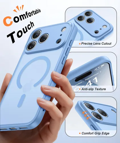 Vista 5 de FNTCASE for iPhone 17 Pro Case: Translucent Light Blue Slim Cases Compatible with MagSafe, Full Camera Protection & Tempered Glass Protector, 14FT
