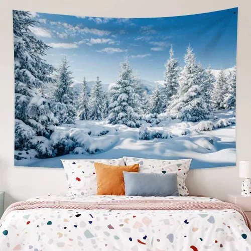Vista 2 de Arrebolart Tapiz de bosque de invierno para colgar en la pared, pinos en tapiz nevado, tapiz de paisaje de Feliz Navidad, arte de pared para niños