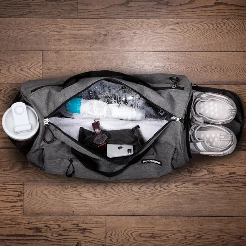 Vista 4 de Fitgriff Bolsa de gimnasio para hombres y mujeres con compartimento para zapatos y artículos húmedos, bolsa de lona para viajes, deportes, fitness