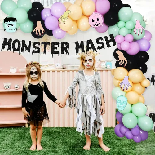 Vista 2 de Kit de arco de guirnalda de globos de monstruo de Halloween, globos negros, morados, verdes con globos de papel de aluminio, pancarta de monstruo
