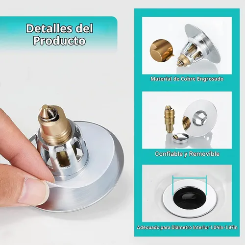 Vista 4 de Tapón para lavabo, colador de desagüe para lavabo de baño con colector de pelo, para orificio de desagüe de 1.04''~1.97'', cubierta de desagüe Cromo