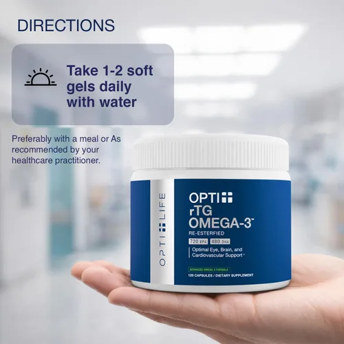 Vista 5 de Opti + Omega 3 Aceite de pescado EPA DHA, apoyo para las articulaciones del cerebro del corazón* Formulado por médicos Uso diario Omega 3 DHA