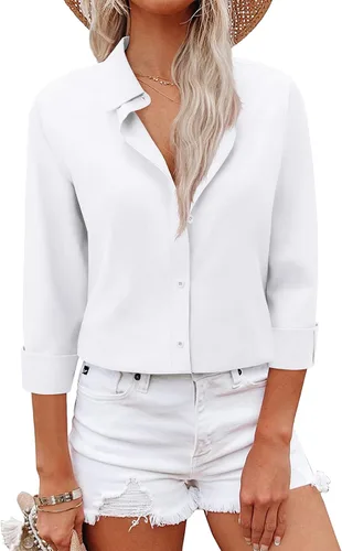 Vista 13 de Camisas con botones para mujer, camisas de vestir, trajes casuales de negocios, blusa ajustada con cuello, entrevista de trabajo, atuendo de oficina