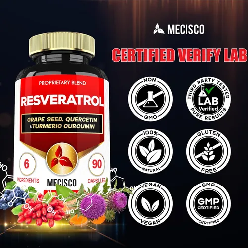 Vista 6 de Mecisco Suplemento de resveratrol trans con semilla de uva, cardo mariano y más - Resveratrol - 6 soportes herbales para el sistema inmunológico