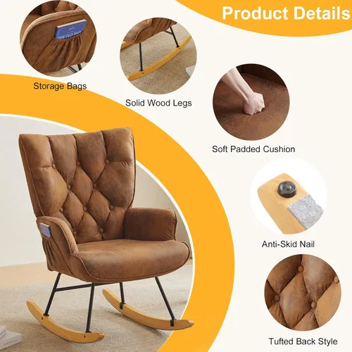 Vista 3 de Mecedora para cuarto de bebé, tela estampada en caliente, tapizada, mecedora, mecedora, asiento acolchado con respaldo alto, silla auxiliar cómoda