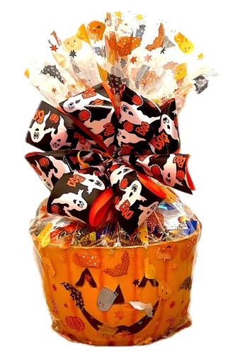 Vista 2 de Cesta de regalo gourmet de calabaza de Halloween de 33 piezas de chocolates artesanales, galletas, crujidos y aperitivos. Hecho a mano y perfecto