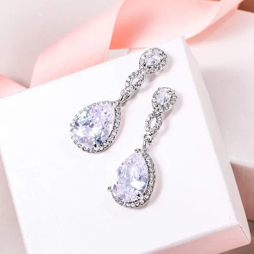 Vista 5 de EVER FAITH Aretes de boda de circonita cúbica para mujeres, novias, piedra natal de cristal austriaco, boda, 8 formas infinitas, aretes colgantes