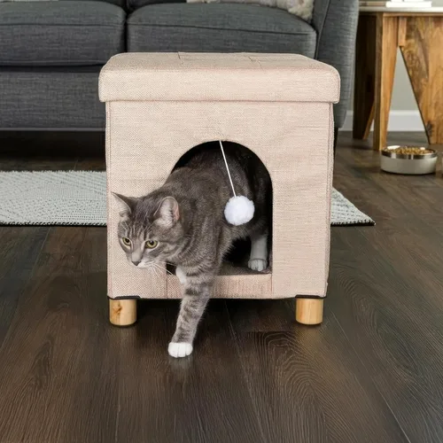 Vista 8 de PETMAKER Reposapiés otomano de casa para gatos para interiores, beige, 15 x