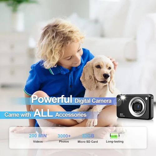 Vista 5 de Cámara digital, FHD 1080P Point and Shoot Cámara para niños, con tarjeta de 32 GB, zoom 16X antivibración, 48 MP compacto portátil pequeño