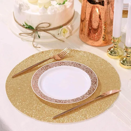 Vista 2 de Efavormart - Juego de 6 manteles individuales antideslizantes de piel sintética con purpurina, color champán para bodas, banquetes, fiestas, cocina
