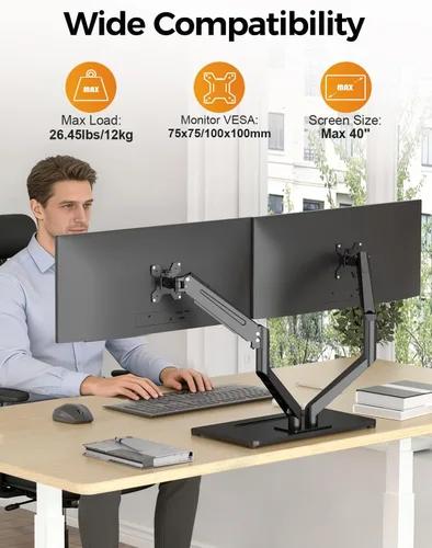 Vista 2 de Bracwiser Soporte de escritorio para monitor doble, brazo de monitor doble premium para dos pantallas de hasta 40 pulgadas, 26.45 libras, brazos
