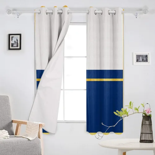 Vista 3 de Juego de 2 paneles de cortinas opacas de 96 pulgadas de largo, arte moderno de lujo, azul marino, amarillo, rayas blancas, cortinas