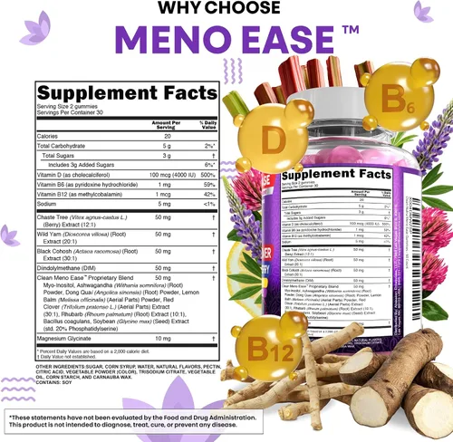Vista 7 de Suplemento para la menopausia para mujeres en gomitas con cohosh negro, ñame silvestre, DIM, magnesio, trébol rojo, agracejo para el equilibrio