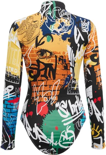 Vista 2 de GORGLITTER Body de manga larga de una pieza para mujer, con estampado de letras, graffiti, acanalado, tanga, leotardo