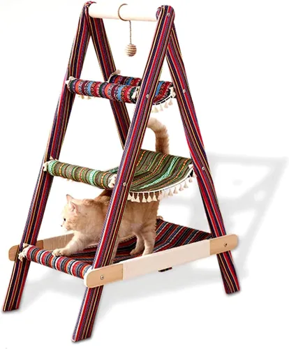 Vista 8 de SHENGOCASE - Torre de árbol para gatos de 3 niveles en forma de A, moderna, estructura de madera con escalera, cama con hamaca de varios niveles