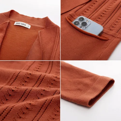 Vista 6 de GRACE KARIN Chaqueta de punto para mujer, con parte delantera abierta, con solapa, de manga larga, con bolsillos