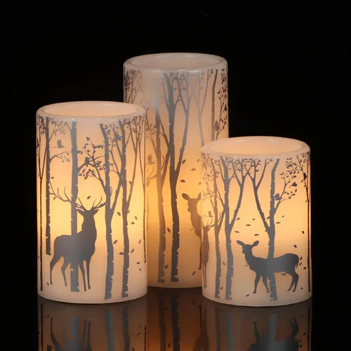 Vista 8 de Velas de cristal sin llama de casa de muñeco de nieve a pilas, con control remoto y temporizador; velas LED parpadeantes de cera real, luz blanca