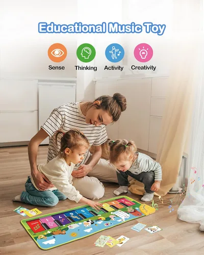 Vista 5 de FOKI Tapete de piano de suelo para niños pequeños, juguete educativo sensorial con teclado musical, tapete de juguete con sonidos de animales, manta