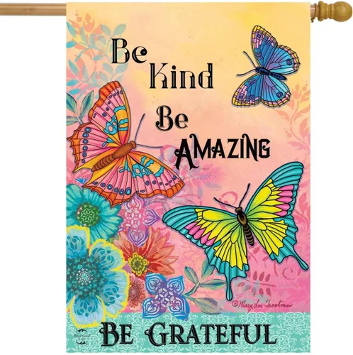 Vista 2 de Briarwood Lane - Bandera con mariposas, flores en primavera para el hogar y con texto motivacional "Be Grateful" (Sé agradecido), 28 x 40 pulgadas