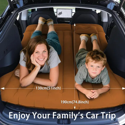 Vista 3 de Colchón de aire para automóvil, cama inflable para campamento compatible con Tesla modelo Y, cama de aire flocada gruesa para maletero/asiento Marrón