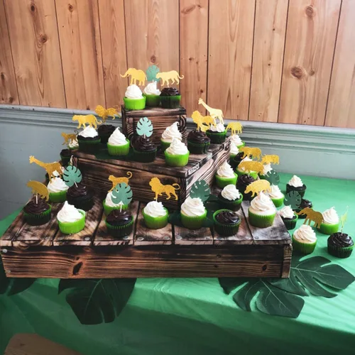 Vista 4 de ALISSAR Paquete de 40 adornos para cupcakes de animales de la selva con purpurina, temática de selva de safari, baby shower, fiesta, pasteles