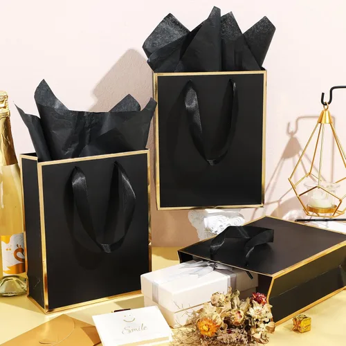 Vista 5 de Yeaqee Paquete de 24 bolsas de regalo de papel metálico con asa y tejido de 9 x 7 x 3.1 pulgadas, papel de aluminio dorado, bolsas de agradecimiento