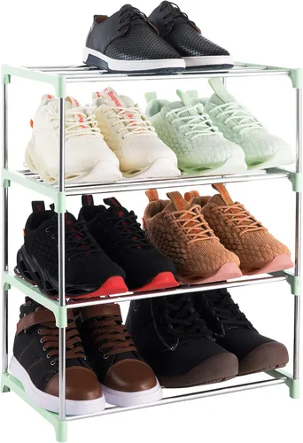 Vista 9 de Estante de zapatos pequeño apilable de 3 niveles, organizador de almacenamiento ligero para entrada, pasillo y armario (negro)