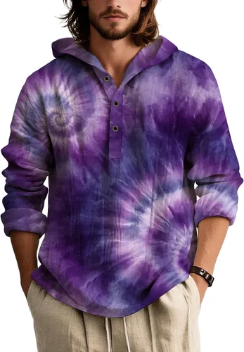 Vista 20 de Camisas de manga larga con estampado de teñido anudado para hombre, sudadera con capucha de 3 botones, sudadera retro cómoda con capucha