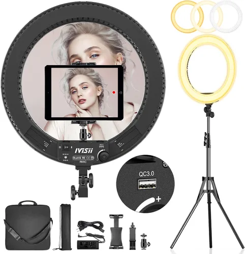 Vista 8 de Anillo de luz de 18 pulgadas con soporte, 60 W bicolor 3000-5800K anillo de luces profesionales con trípode para maquillaje Vlog, anillo grande