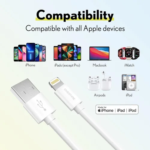 Vista 3 de Overtime Cable Lightning para iPhone, certificado MFI, cable de carga USB-A a Lightning portátil e inteligente, cable de carga rápida de Apple