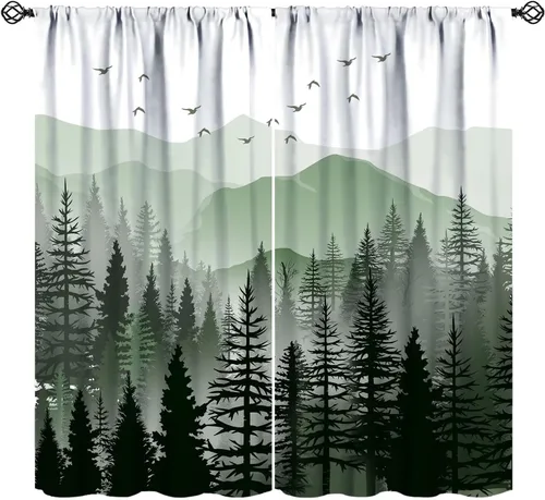 Vista 20 de BAEKJIN Cortinas verdes de bosque brumoso, acuarela, naturaleza, paisaje, plantas, árbol, bolsillo para barra, opacas, tratamiento de ventana