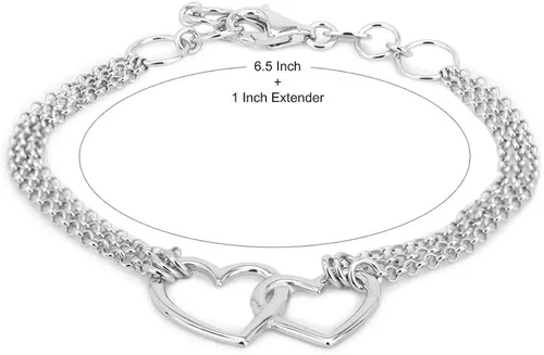 Vista 4 de Vanbelle Pulsera de plata de ley 925 chapada en rodio con doble corazón y cadena múltiple para mujeres y niñas, Metal