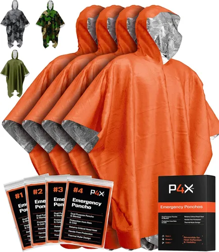 Vista 9 de PREPARED4X Poncho de emergencia Mylar – Poncho de lluvia de supervivencia con capucha – Ligero, compacto, reutilizable, manta de emergencia Poncho