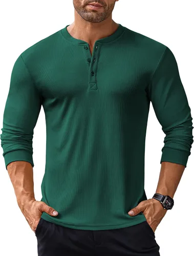 Vista 13 de COOFANDY Camisas Henley de manga larga para hombre, camisetas elásticas acanaladas, camisetas básicas casuales de moda